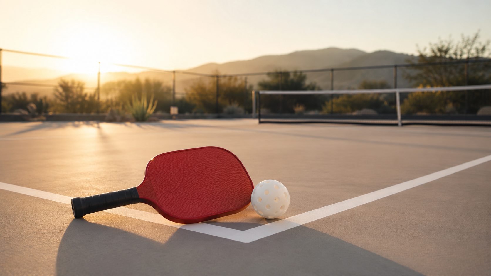 Pickleball paddle and ball resting on an outdoor court line in morning light